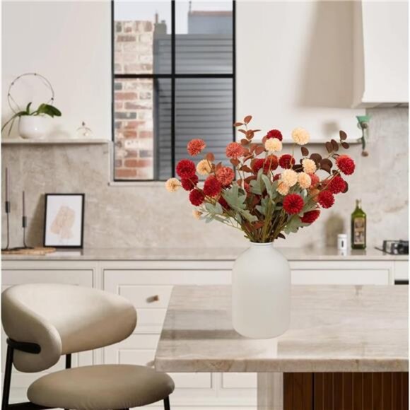 Fall Flowers, Burnt Orange Faux Kiku Flowers Artificial 10 Stems + Eucalyptus - Picture 6 of 7